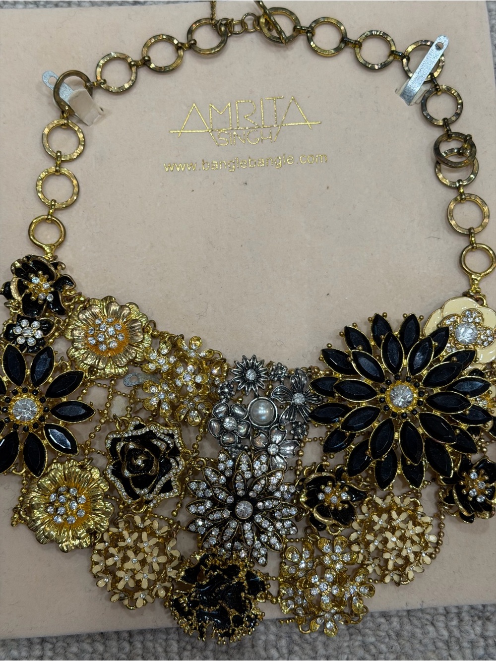 Amrita Singh Black & Gold Floral Bib Necklace